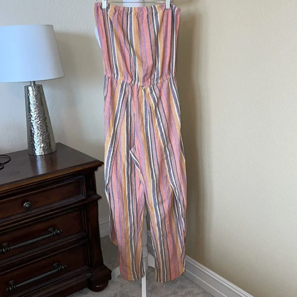 (BOGO FREE) Anthropologie Drew Tulip Hem Jumpsuit Linen Striped Romper Small - Picture 2 of 5